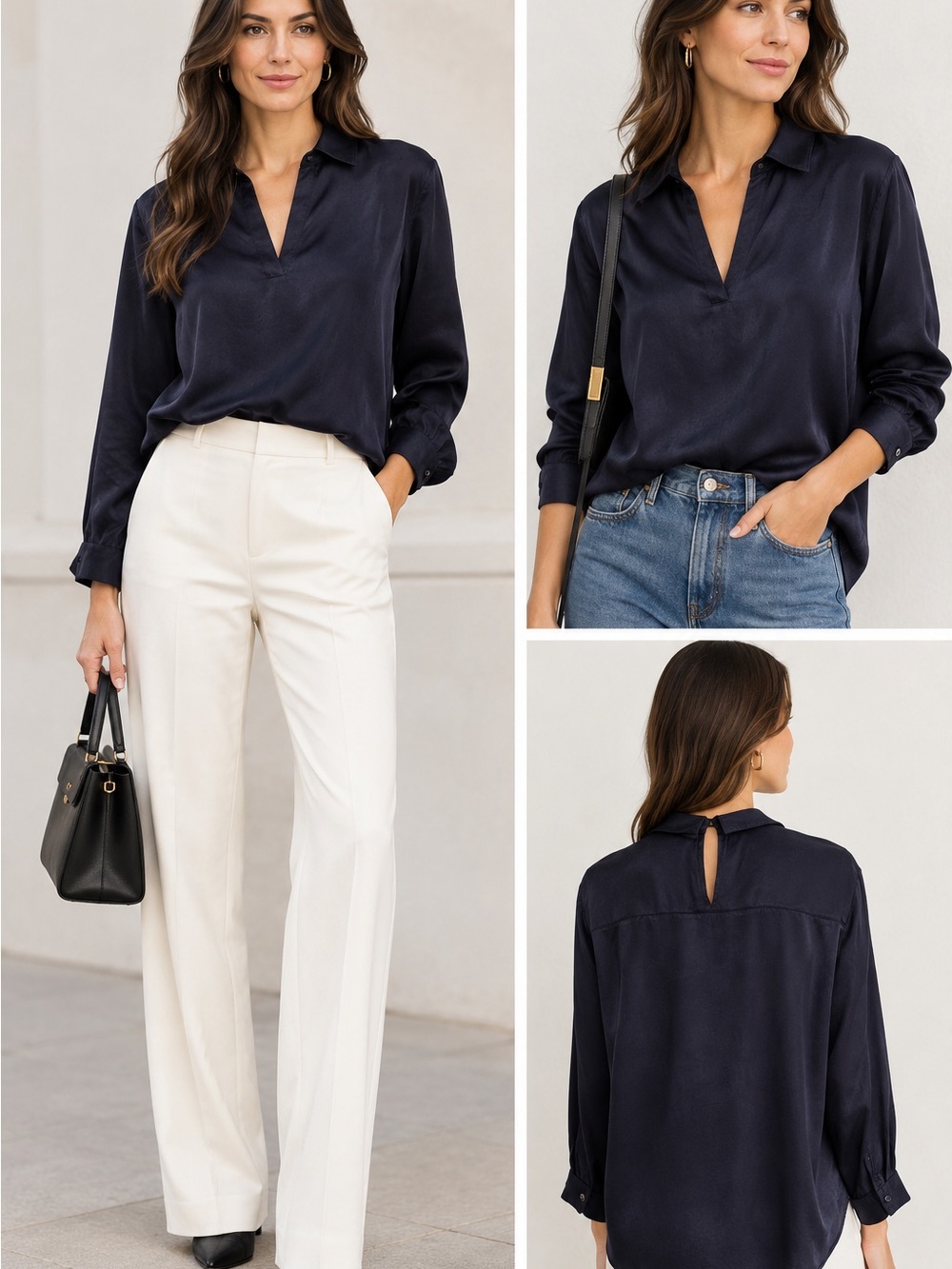 Zara Navy Satin V-Neck Collared Blouse